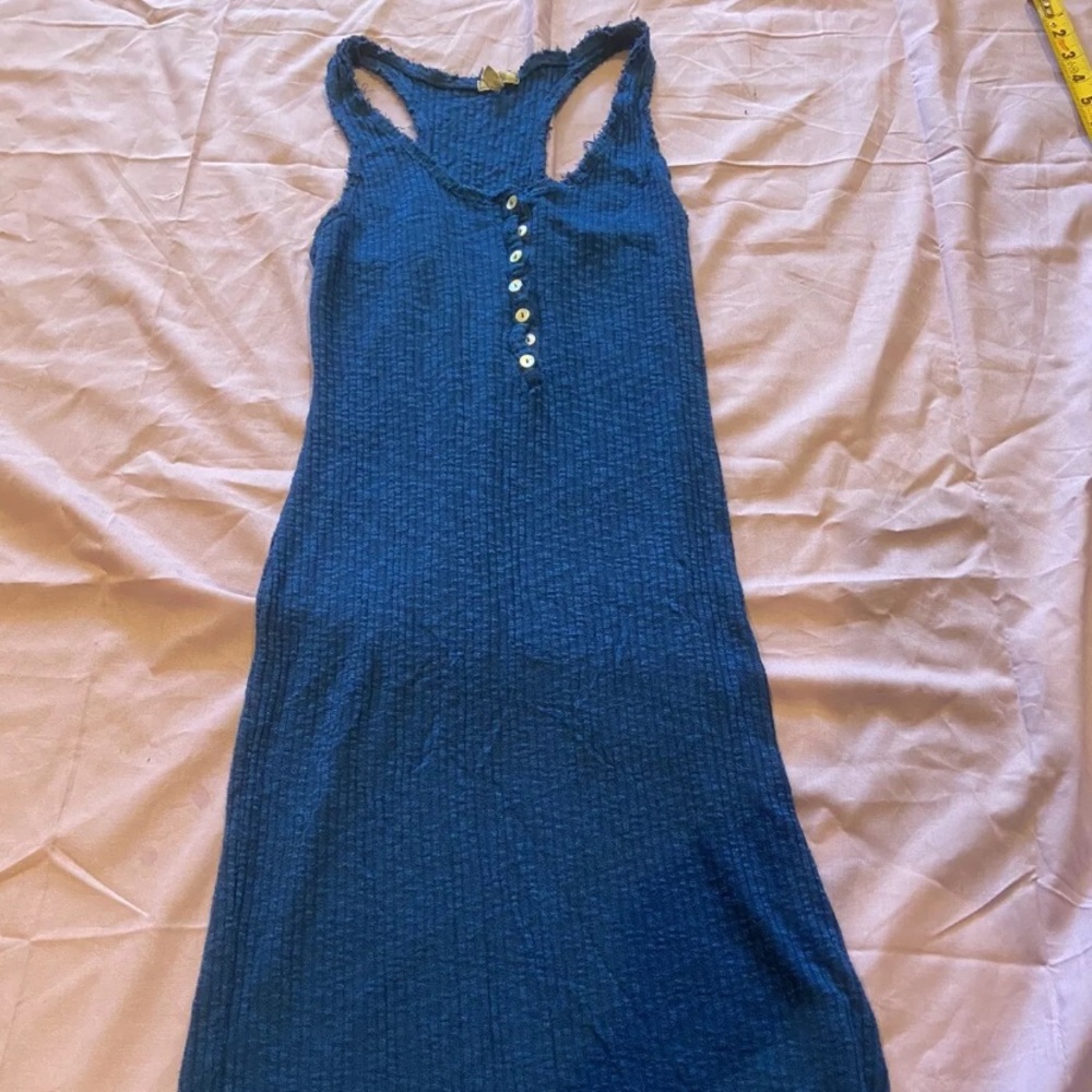 blue  tank top raw edge racer back form fitting